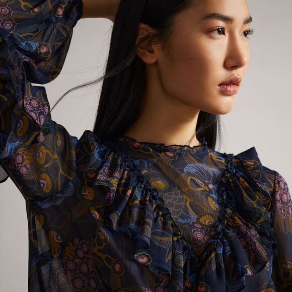 🐢 Ted Baker Juvena Floral Printed waterfall ruffle long sleeve top.  Size 1. - Picture 3 of 16